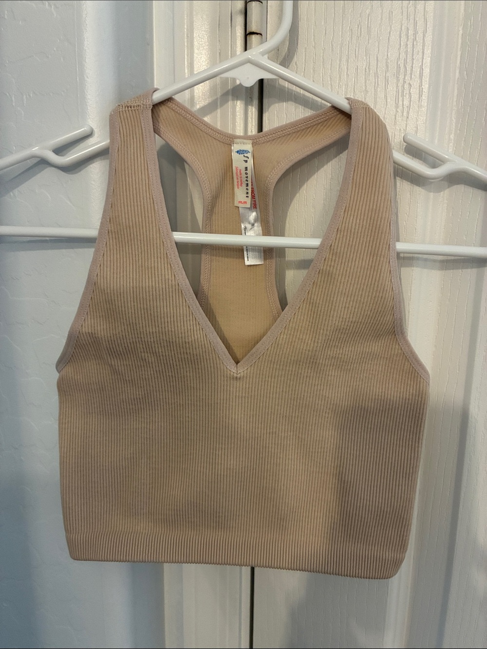 FP Movement by Free People Ribbed V-Neck Racerback Crop Top - Taupe